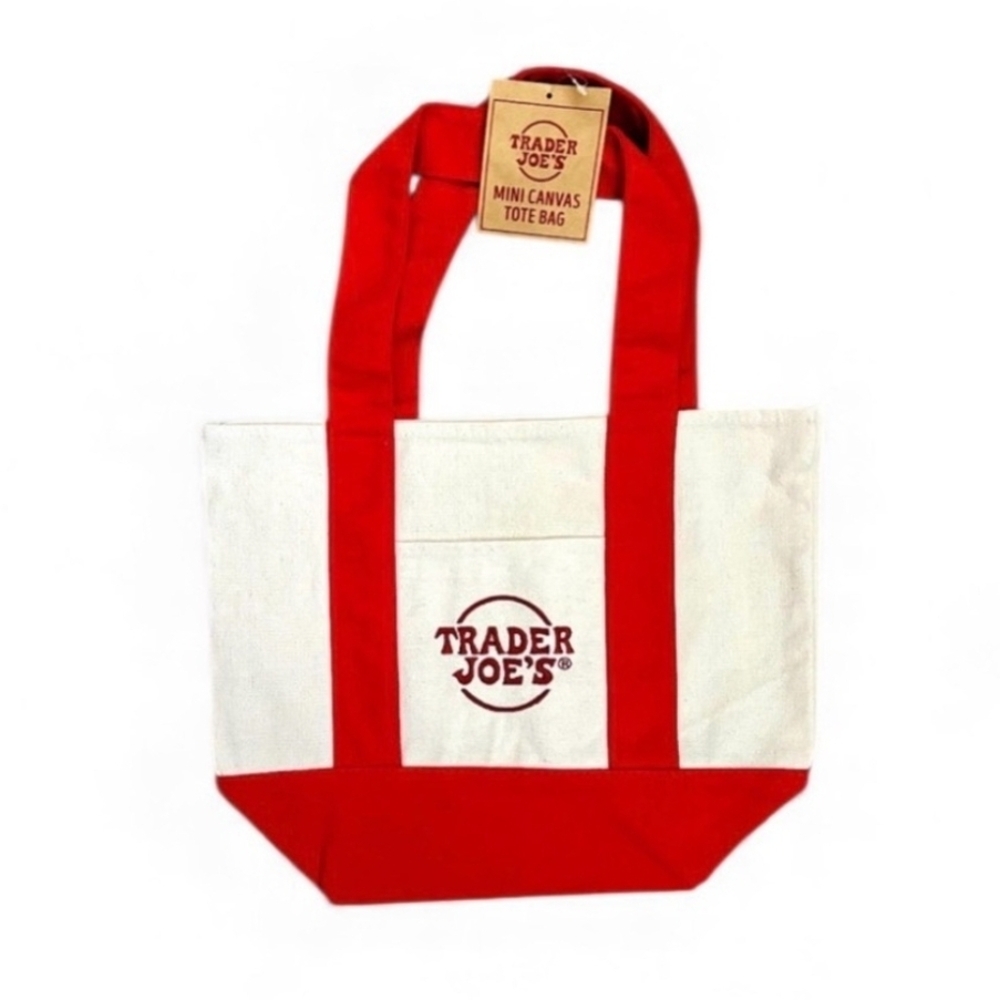Trader Joe's Red and White Mini Canvas Tote Bag Dimensions: 13” W x 11” H x 6” D